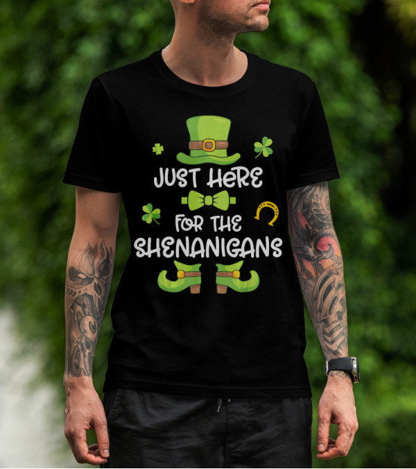 Just Here For The Shenanigans Leprechaun Dance Shamrock Gold T-Shirt