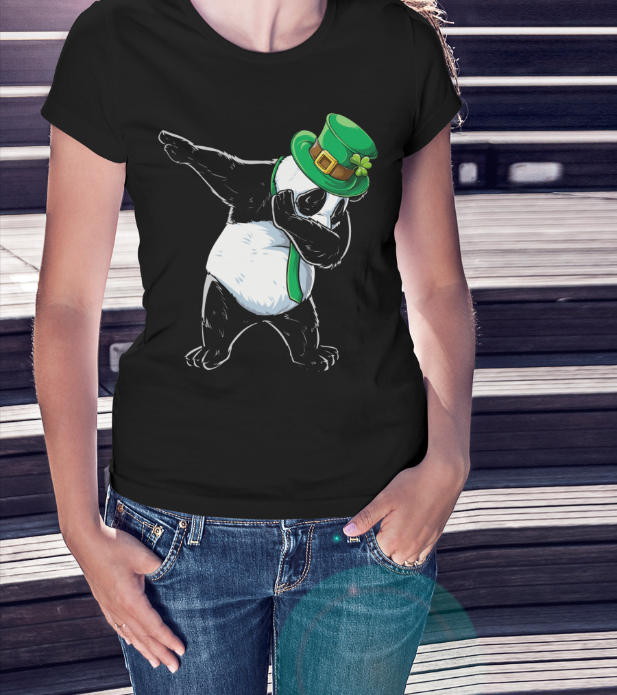 Dabbing Panda St Patricks Day Hat And Green Scarf T-Shirt