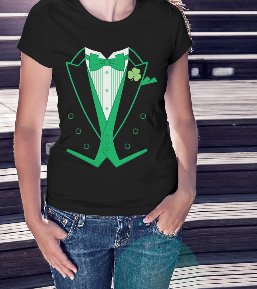 Green Bow Tie And Clover Tuxedo T-Shirt
