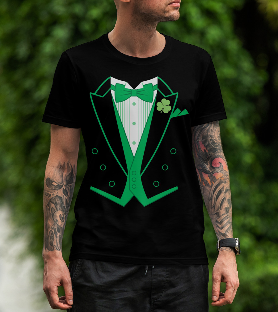 Green Bow Tie And Clover Tuxedo T-Shirt