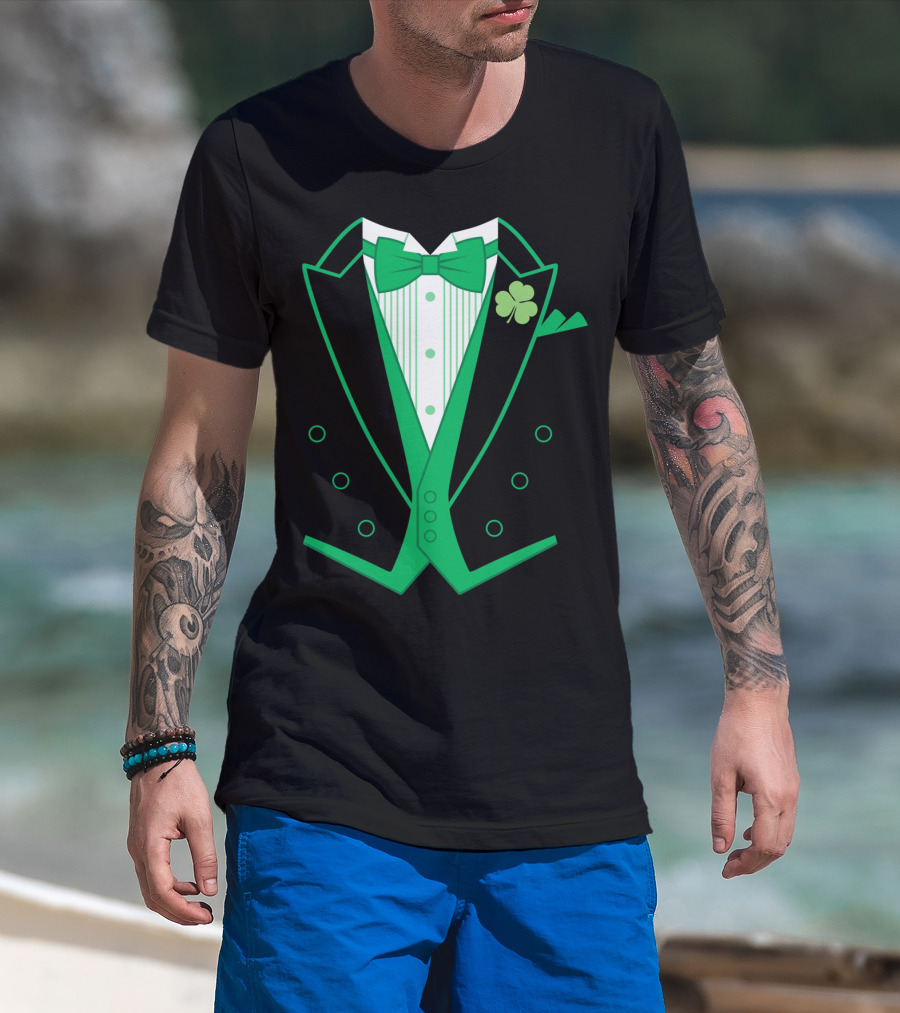 Green Bow Tie And Clover Tuxedo T-Shirt