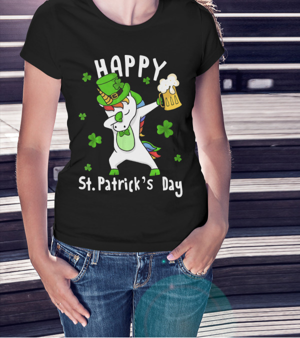 Happy St. Patrick's Day Dabbing Unicorn With Leprechaun Hat And Beer Mug T-Shirt