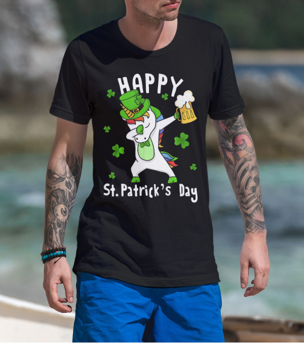 Happy St. Patrick's Day Dabbing Unicorn With Leprechaun Hat And Beer Mug T-Shirt