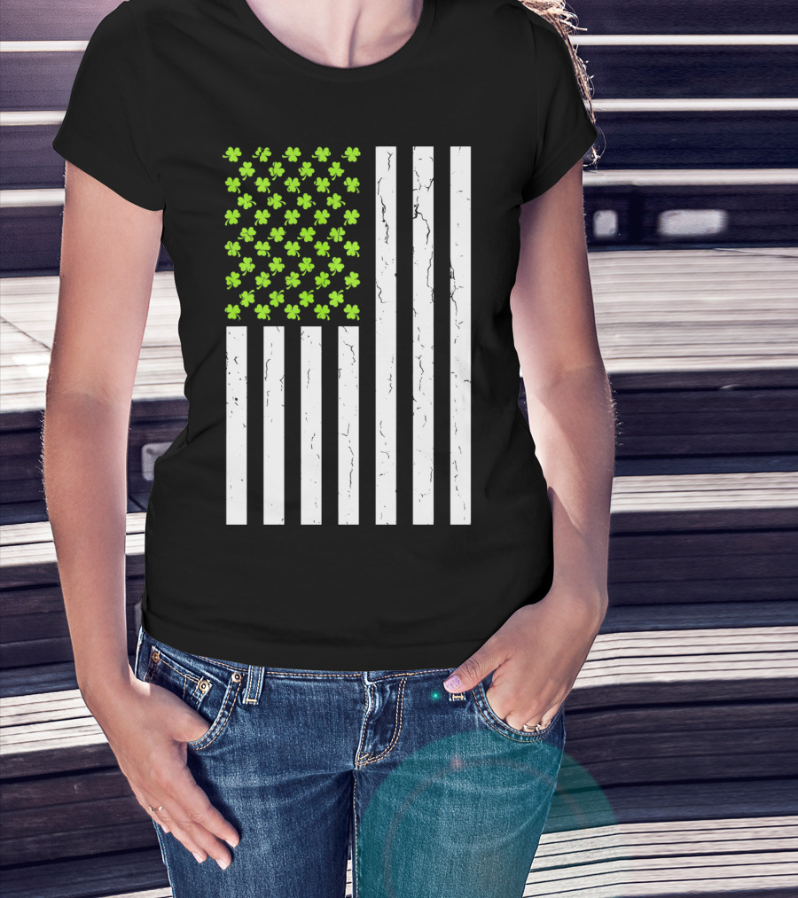 St Patricksday Shamrock American Flag T-Shirt