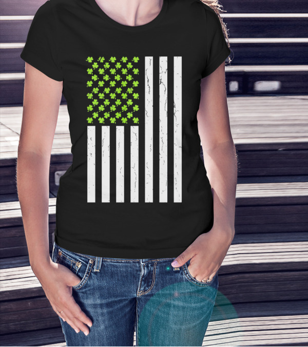St Patricksday Shamrock American Flag T-Shirt