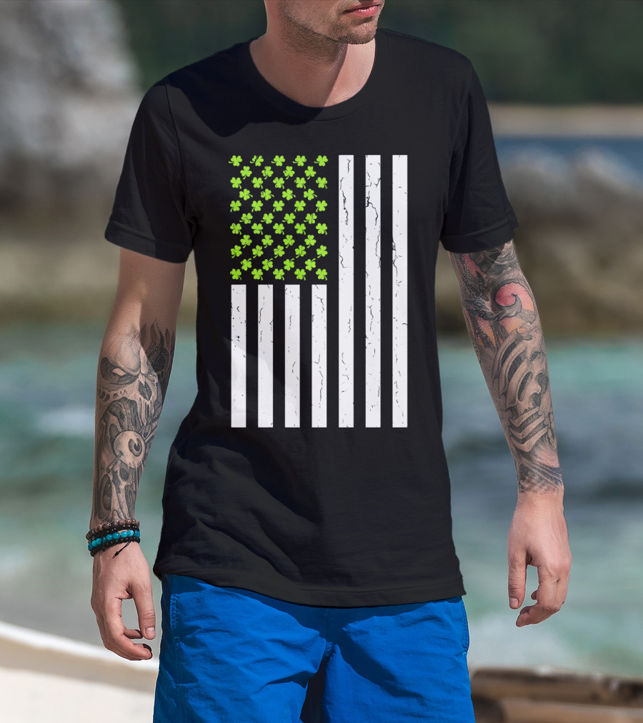 St Patricksday Shamrock American Flag T-Shirt