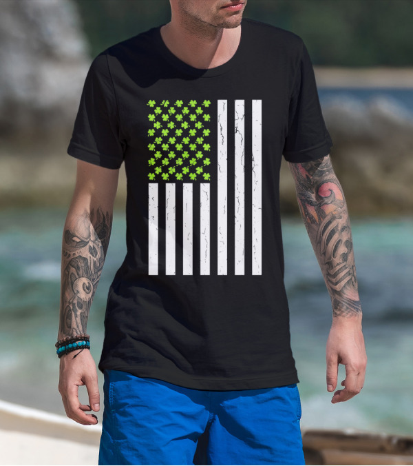 St Patricksday Shamrock American Flag T-Shirt