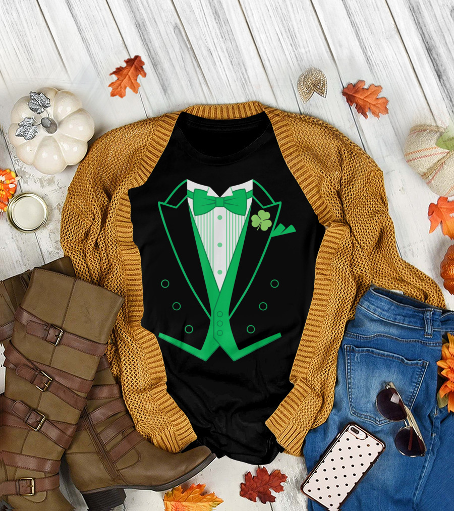 Irish Tuxedo Green Shamrock Bow Tie St. Patrick's Day T-Shirt