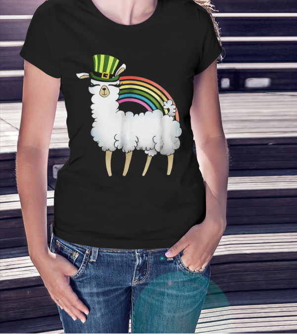 Llama In St Patrick's Day Hat With Rainbow T-Shirt