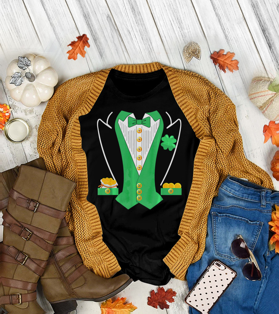 Leprechaun Costume Girl Green Suit Bow Tie Clover Gold Coins T-Shirt