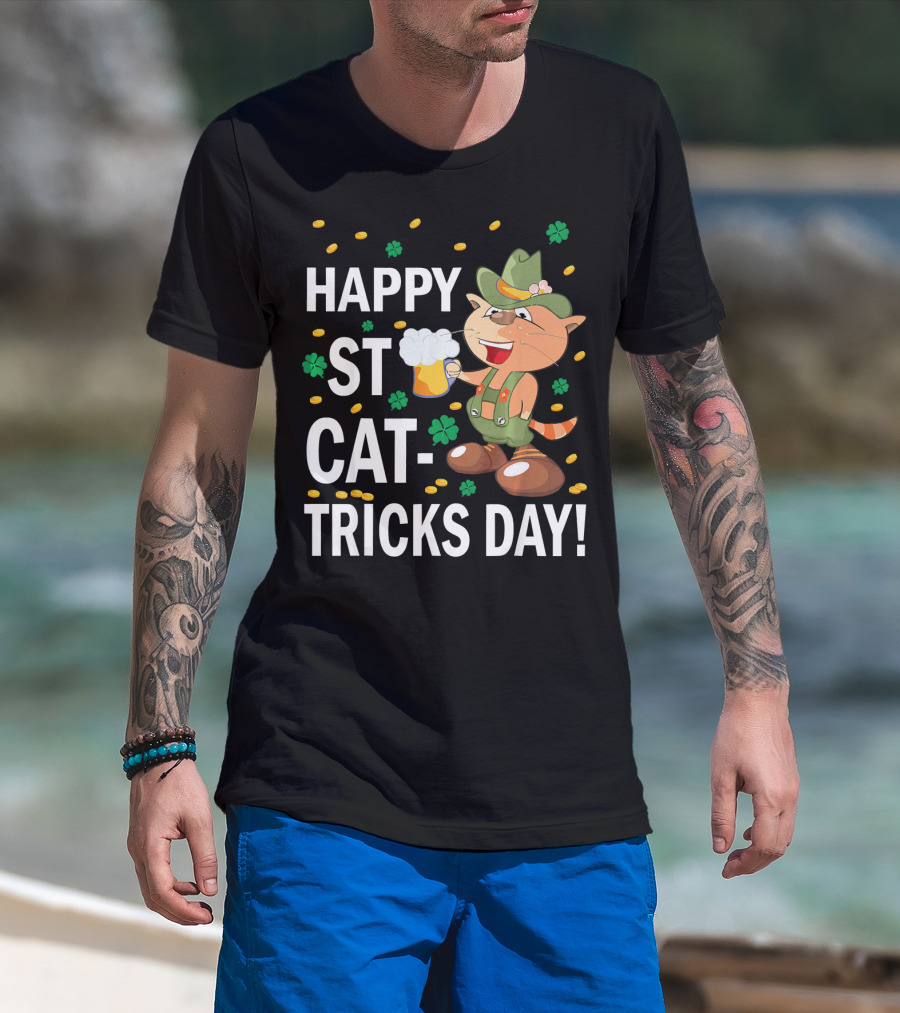 Happy St Cat-Tricks Day Cat Leprechaun Drinking Beer With Clovers And Gold Coins T-Shirt