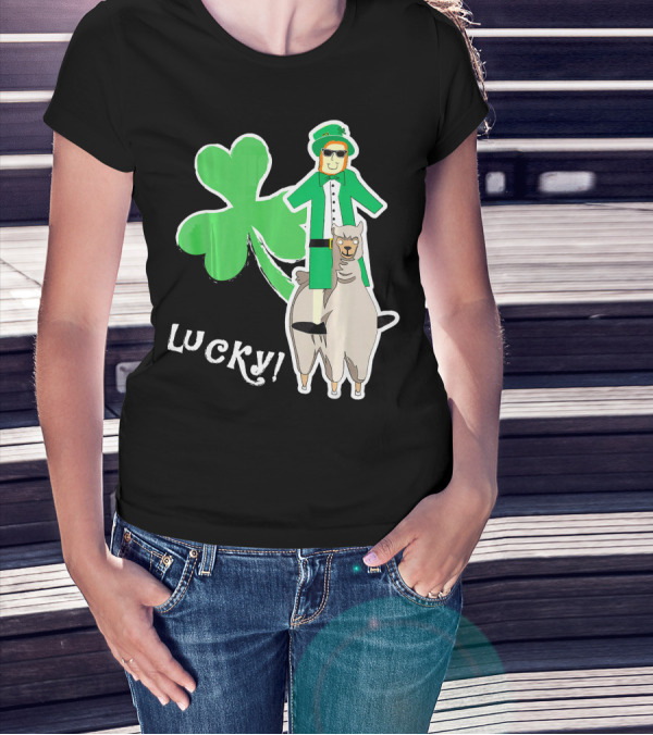 Lucky Leprechaun Riding Llama With Shamrock Irish T-Shirt