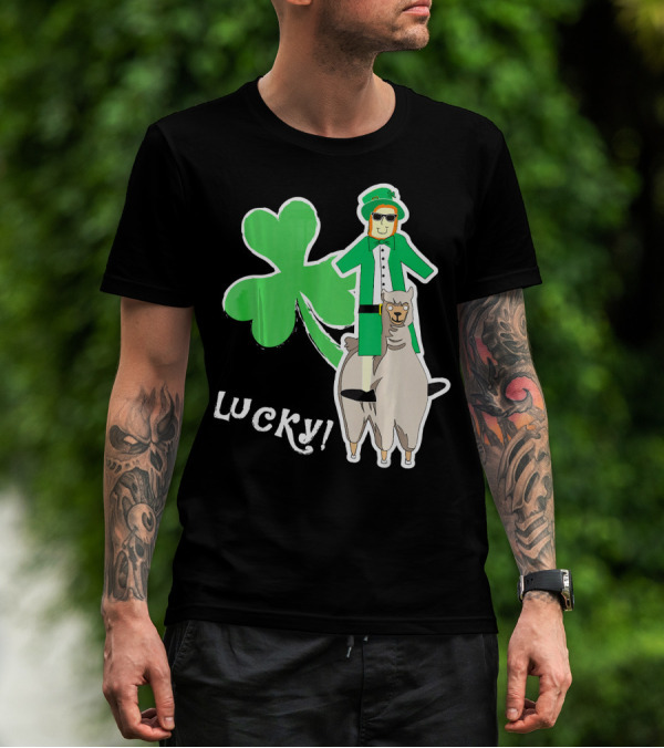 Lucky Leprechaun Riding Llama With Shamrock Irish T-Shirt