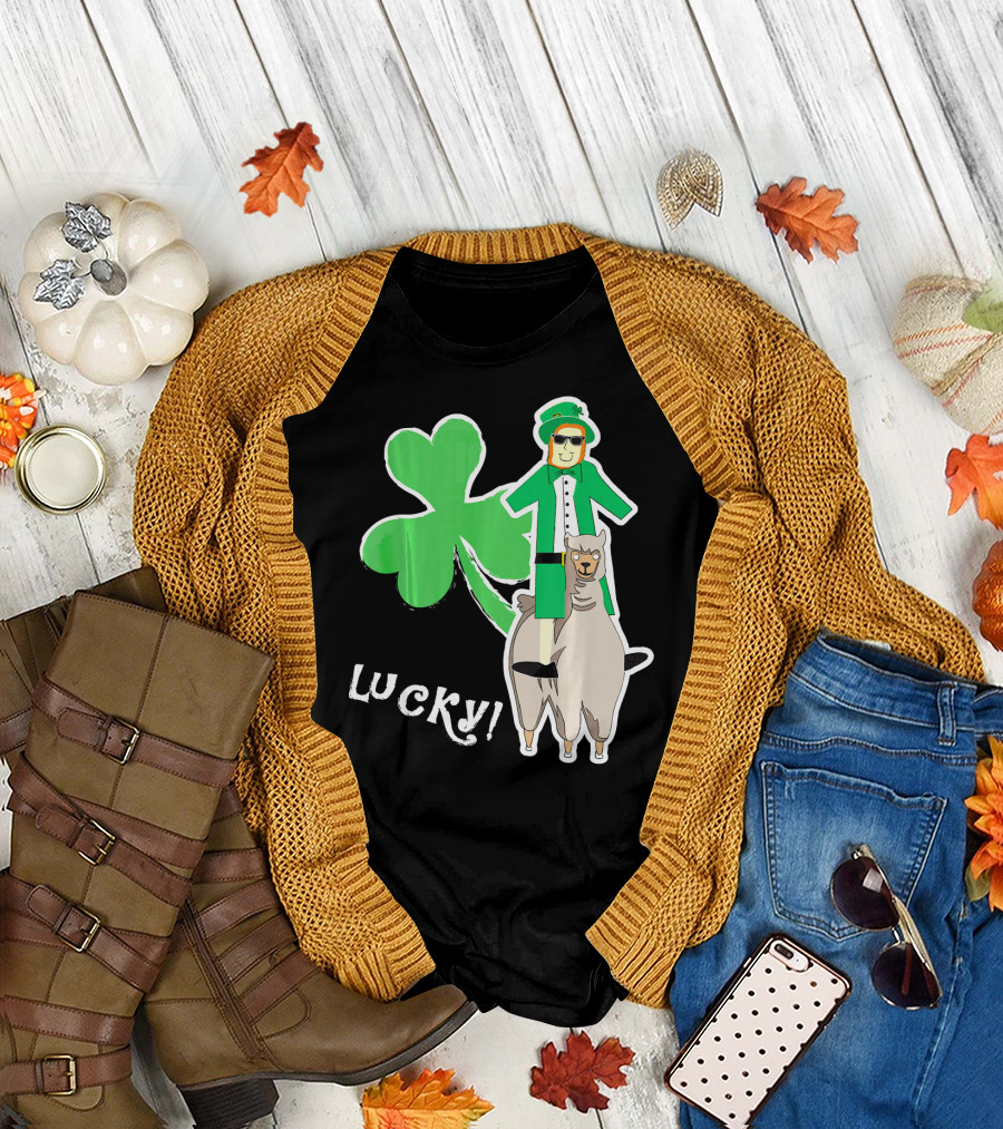 Lucky Leprechaun Riding Llama with Shamrock Irish T-Shirt
