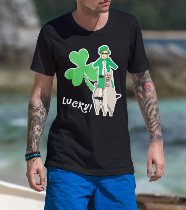 Lucky Leprechaun Riding Llama With Shamrock Irish T-Shirt