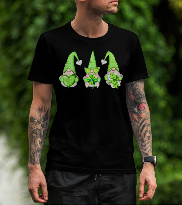 Cool Green Gnomes With Leprechaun Shamrock Hearts And Gifts T-Shirt