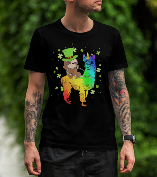 Leprechaun Sloth Riding Rainbow Llama Unicorn St Patrick's Clover T-Shirt