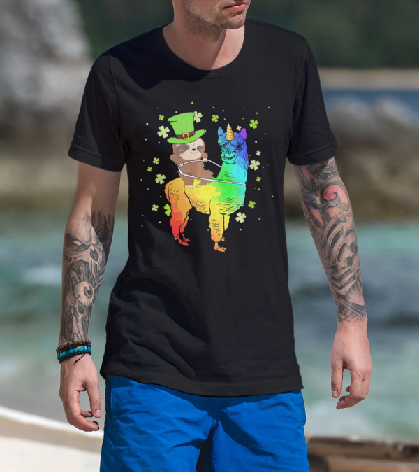 Leprechaun Sloth Riding Rainbow Llama Unicorn St Patrick's Clover T-Shirt