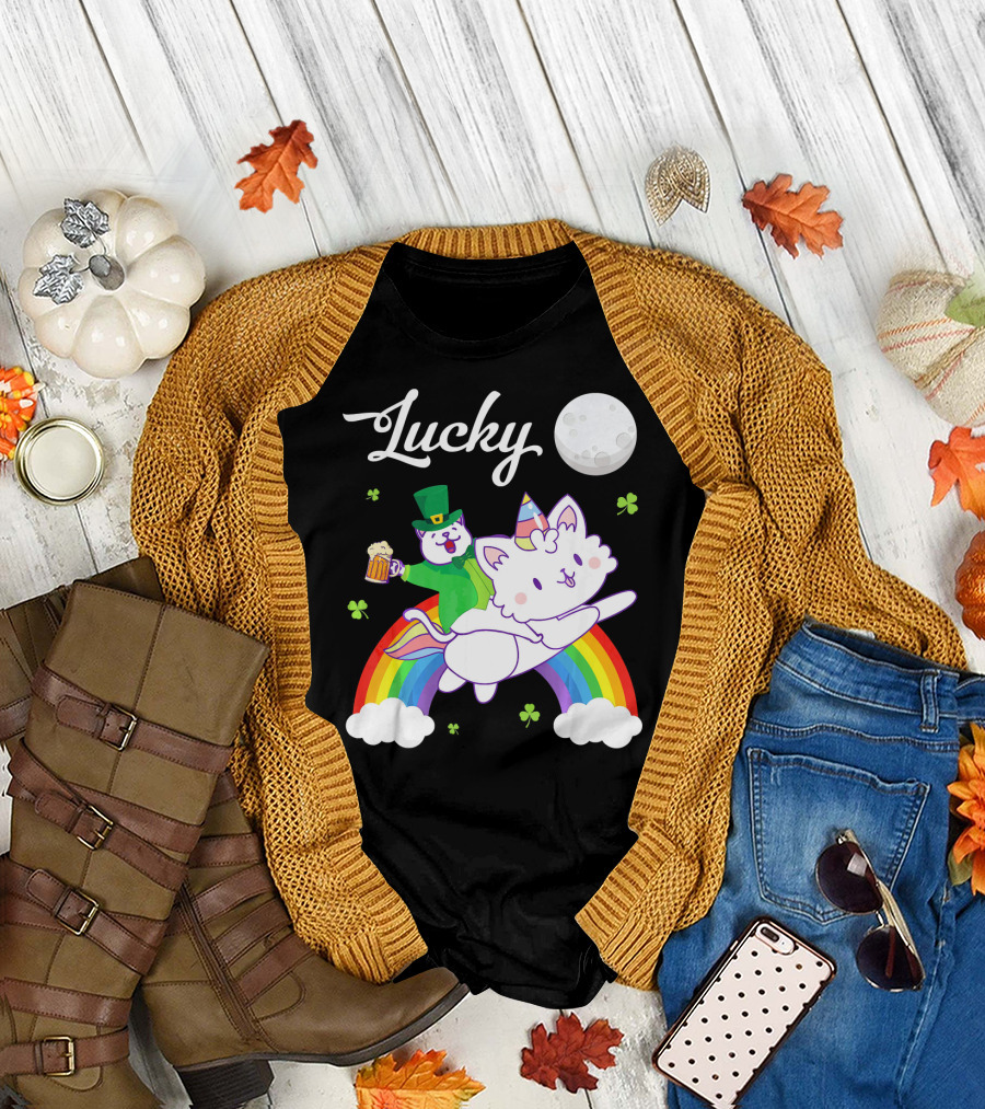 Lucky Leprechaun Cat Riding Unicorn Cat Over Rainbow with Beer and Moon T-Shirt