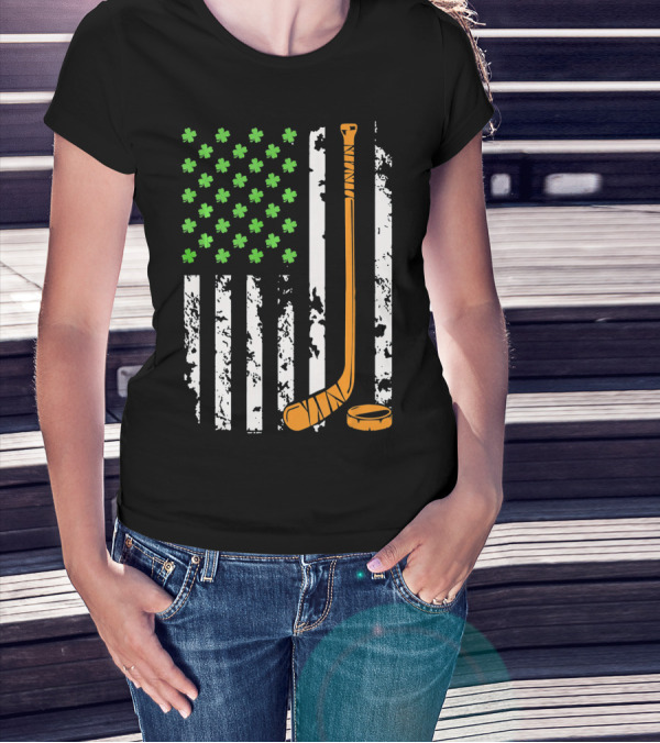 Irish American Hockey Sticks And Shamrocks Flag T-Shirt