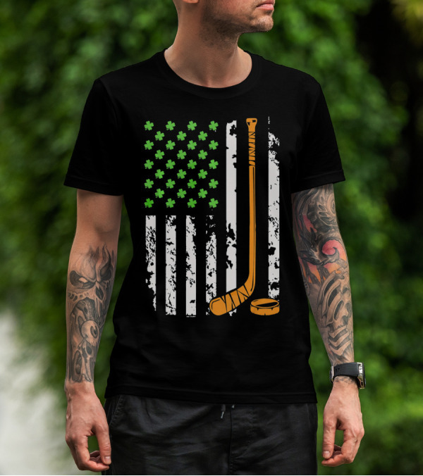 Irish American Hockey Sticks And Shamrocks Flag T-Shirt