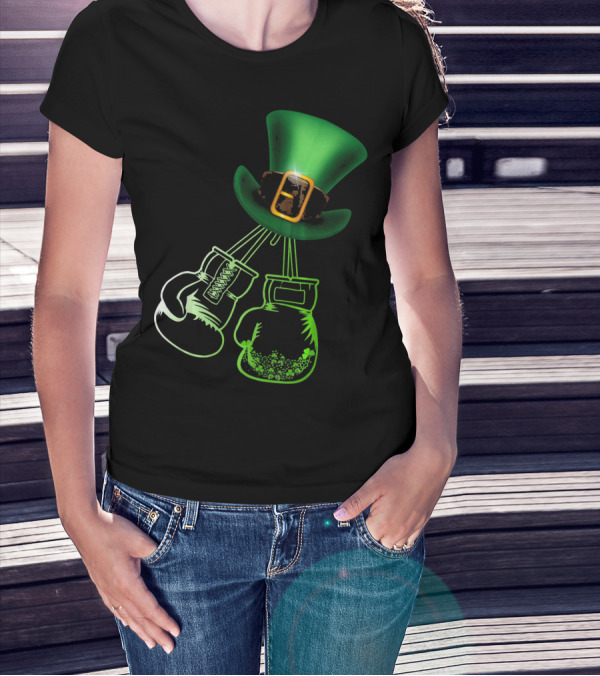 Shamrock Boxing Glove Leprechaun Hat With Green Bowler Buckle T-Shirt