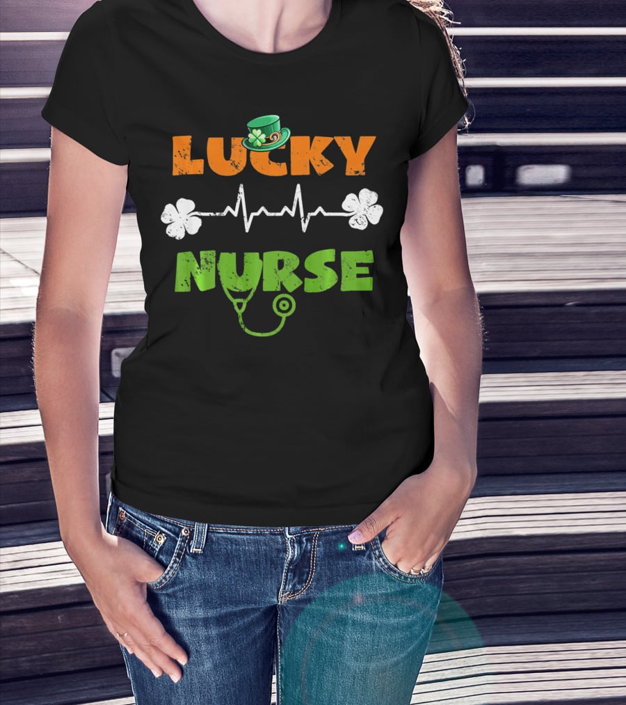 Lucky Nurse Shamrock Heartbeat Stethoscope Hat T-Shirt