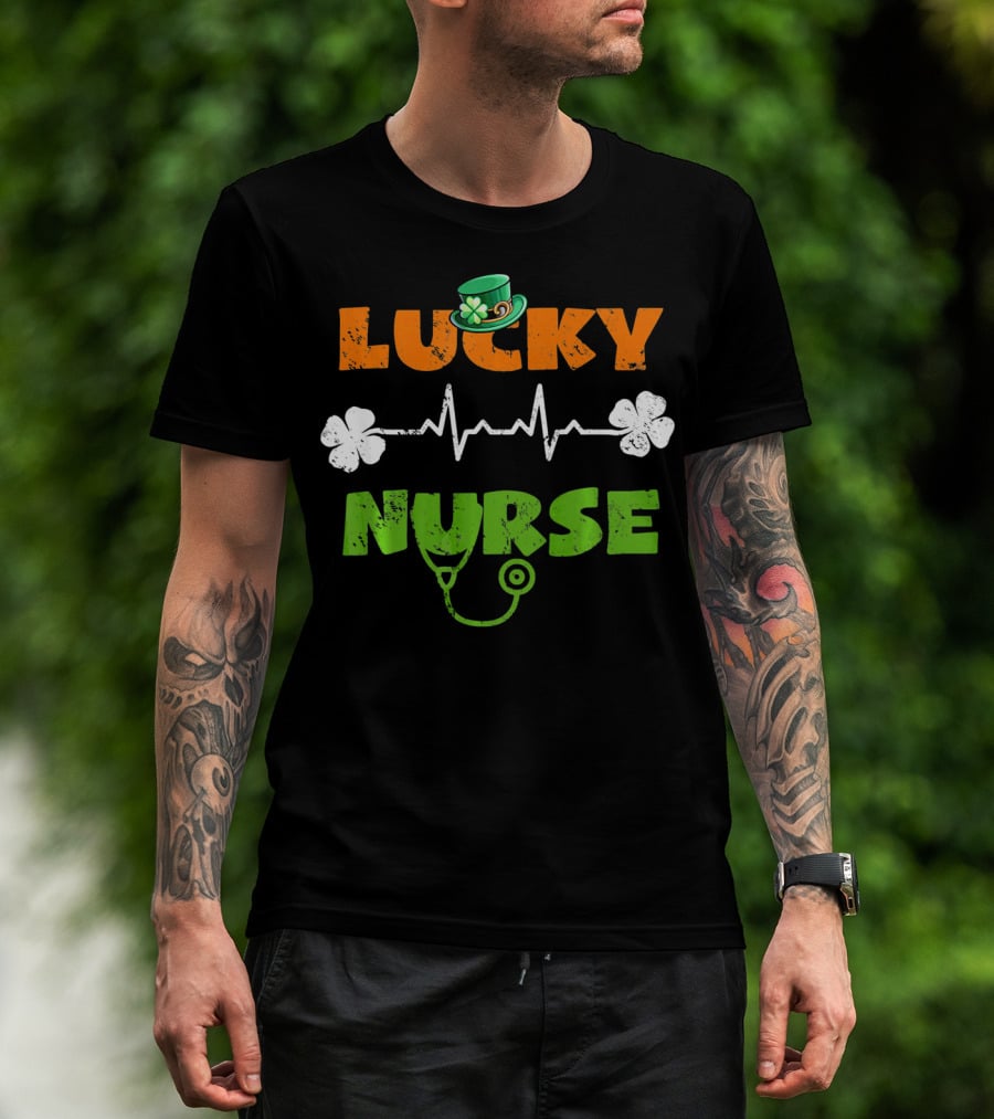 Lucky Nurse Shamrock Heartbeat Stethoscope Hat T-Shirt