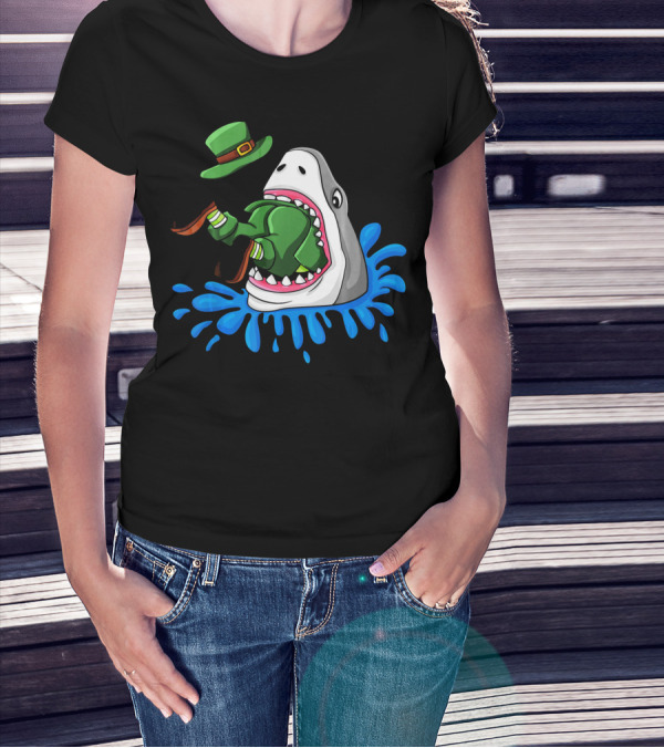Shark Swallowing Green Leprechaun Hat Splashing Water T-Shirt