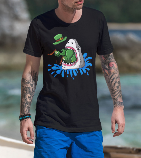 Shark Swallowing Green Leprechaun Hat Splashing Water T-Shirt