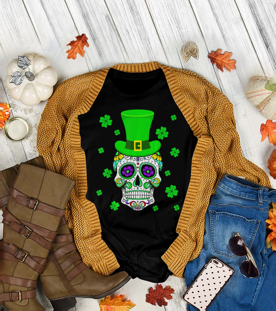 Leprechaun Sugar Skull Shamrock St Patrick's Day T-Shirt