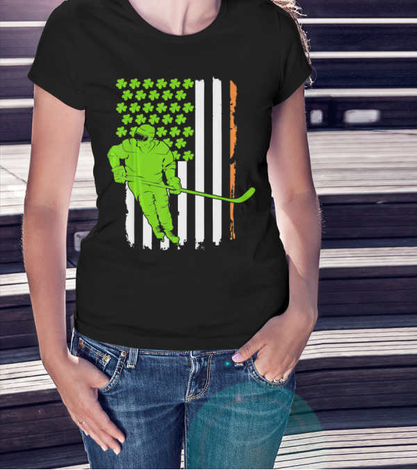 Irish American Flag St Pat Hockey Player Shamrock Stars T-Shirt