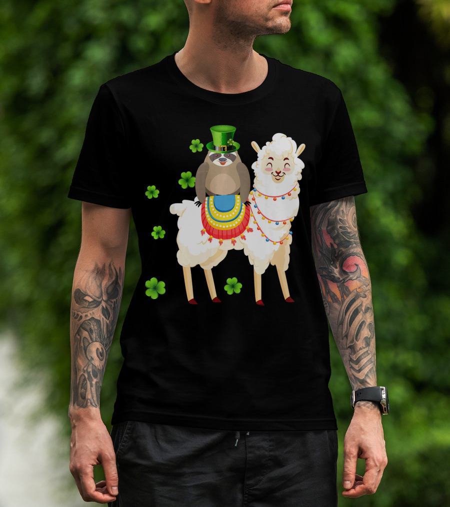 Leprechaun Sloth Riding Llama St Patrick's Day With Shamrocks T-Shirt