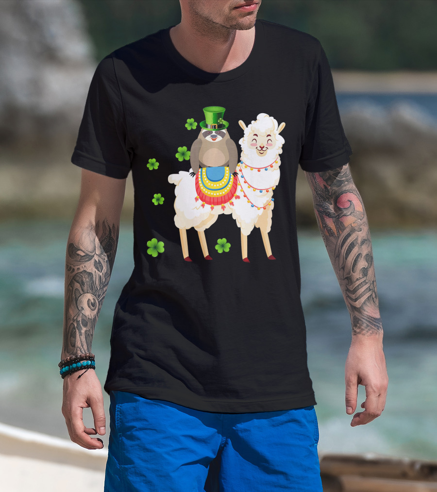 Leprechaun Sloth Riding Llama St Patrick's Day With Shamrocks T-Shirt