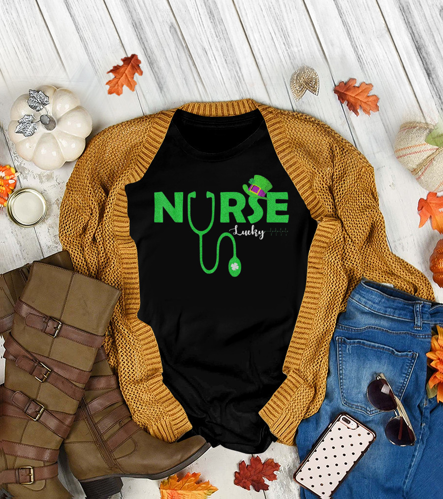 Lucky Nurse St. Patrick's Day with Shamrock Stethoscope and Leprechaun Hat T-Shirt