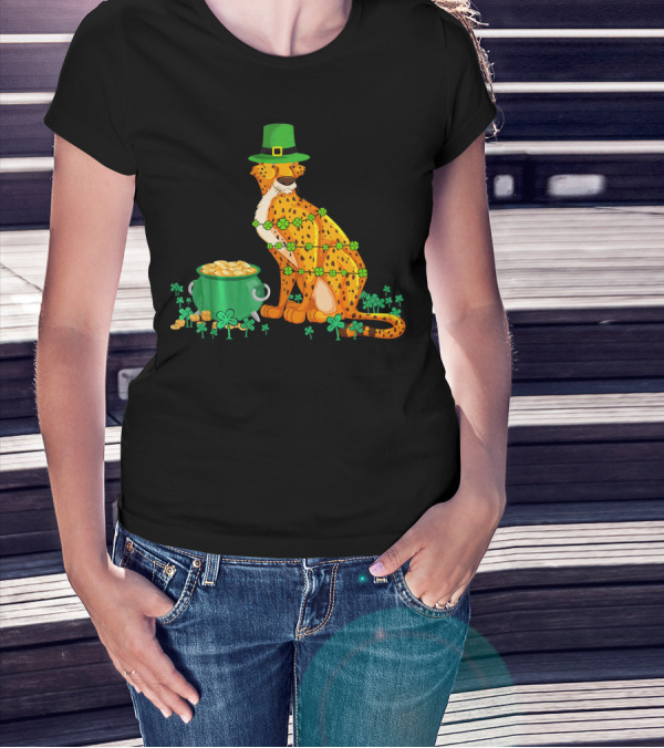 Leprechaun Cheetah Covered In Shamrocks With Pot Of Gold T-Shirt