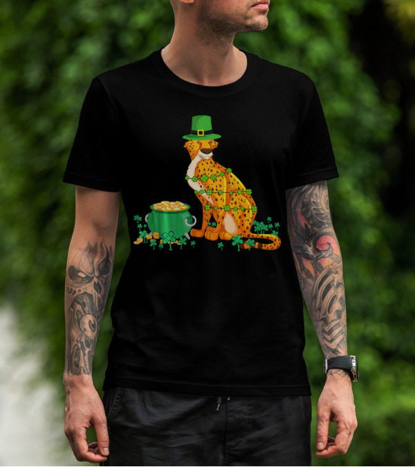 Leprechaun Cheetah Covered In Shamrocks With Pot Of Gold T-Shirt