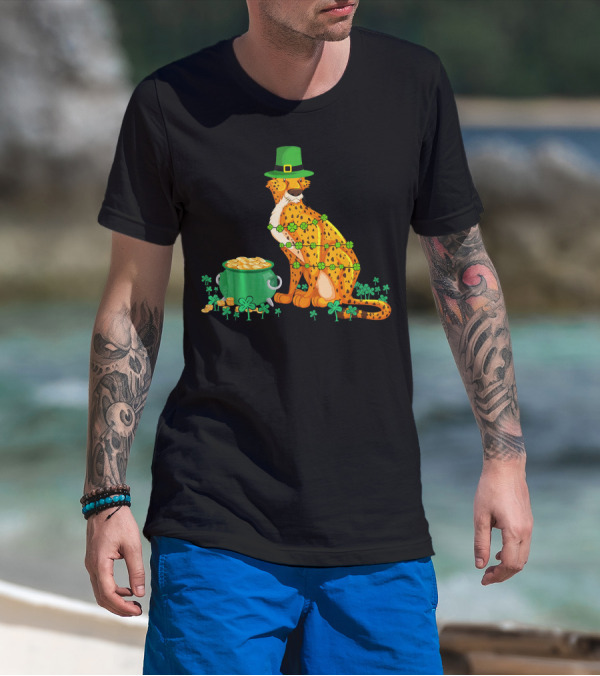 Leprechaun Cheetah Covered In Shamrocks With Pot Of Gold T-Shirt