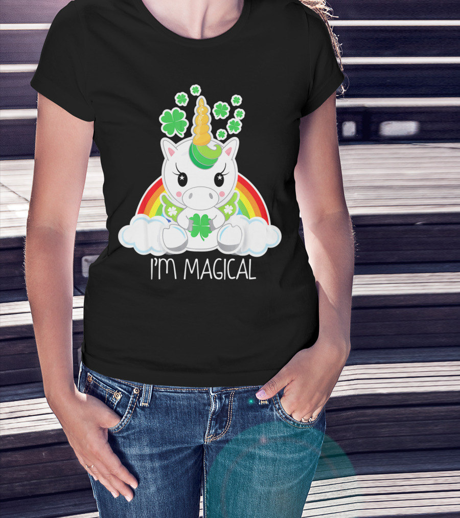 Girls Cute Unicorn I'm Magical Rainbow Clover T-Shirt