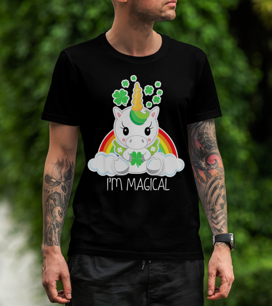 Girls Cute Unicorn I'm Magical Rainbow Clover T-Shirt