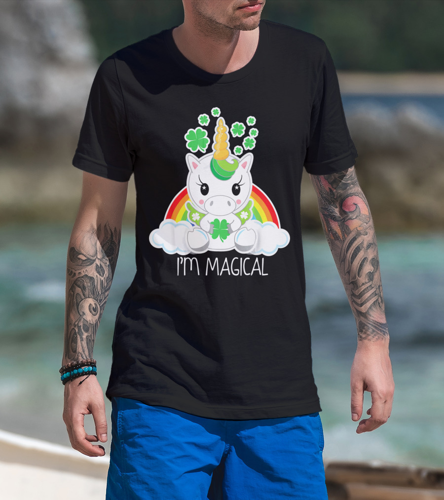 Girls Cute Unicorn I'm Magical Rainbow Clover T-Shirt