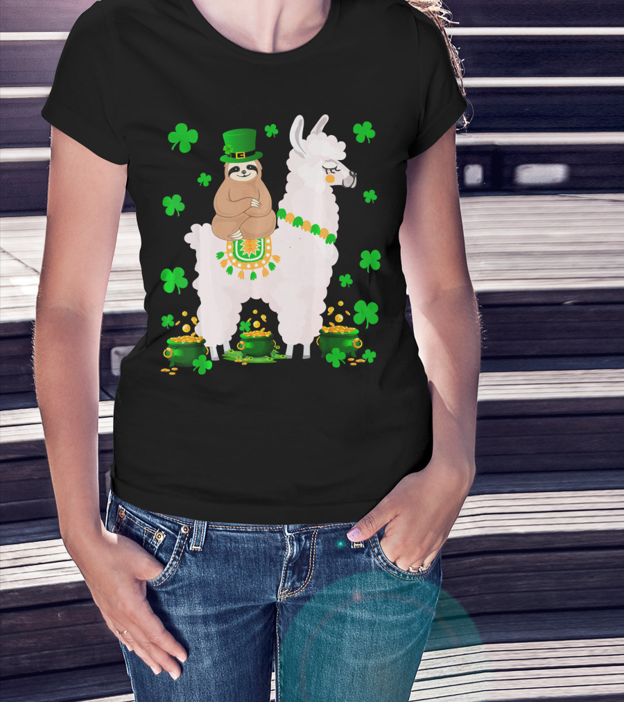 Leprechaun Sloth Riding Llama Surrounded By Shamrocks And Gold Coins St. Patric T-Shirt