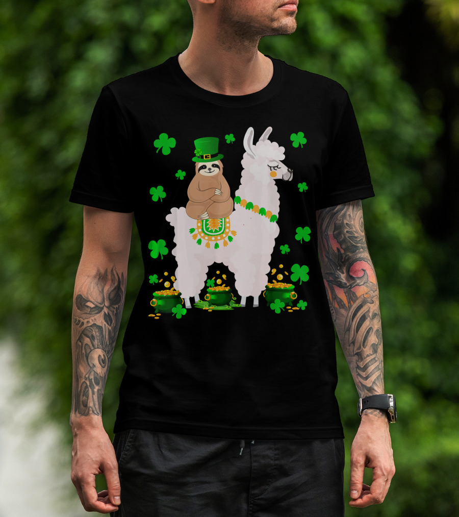 Leprechaun Sloth Riding Llama Surrounded By Shamrocks And Gold Coins St. Patric T-Shirt