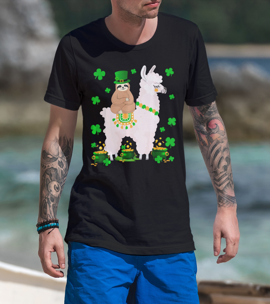 Leprechaun Sloth Riding Llama Surrounded By Shamrocks And Gold Coins St. Patric T-Shirt