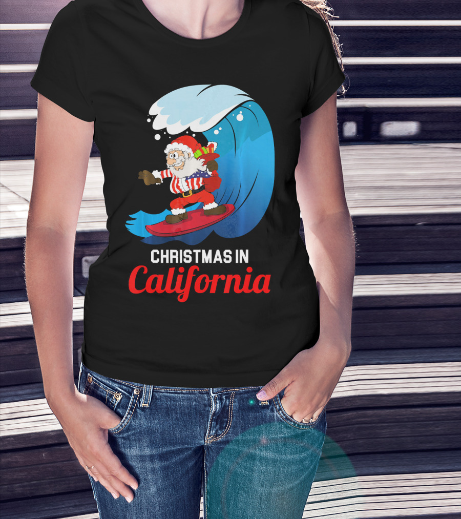 Santa Surfing Christmas In California T-Shirt