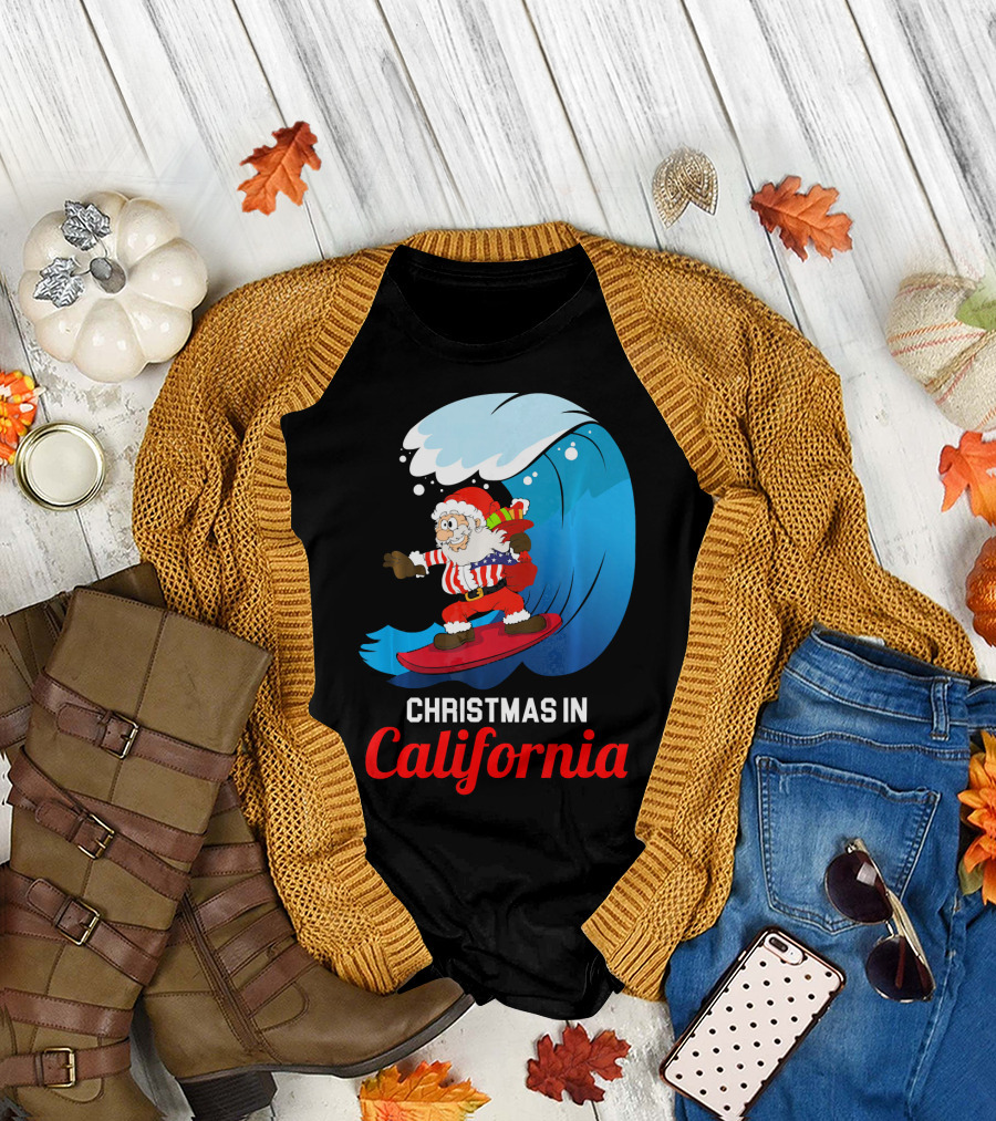 Santa Surfing Christmas In California T-Shirt