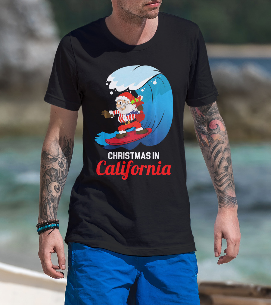 Santa Surfing Christmas In California T-Shirt