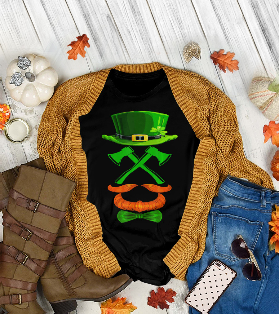 Leprechaun Hat and Crossed Axes with Orange Beard and Bow Tie T-Shirt