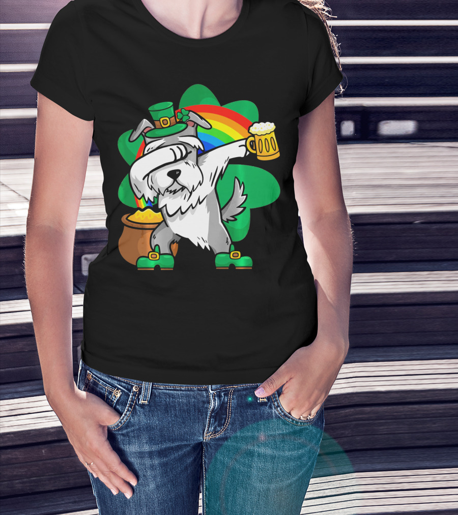 Funny Dabbing Schnauzer Leprechaun With Beer And Rainbow T-Shirt