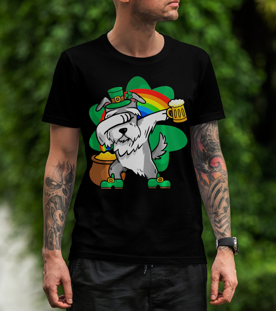 Funny Dabbing Schnauzer Leprechaun With Beer And Rainbow T-Shirt